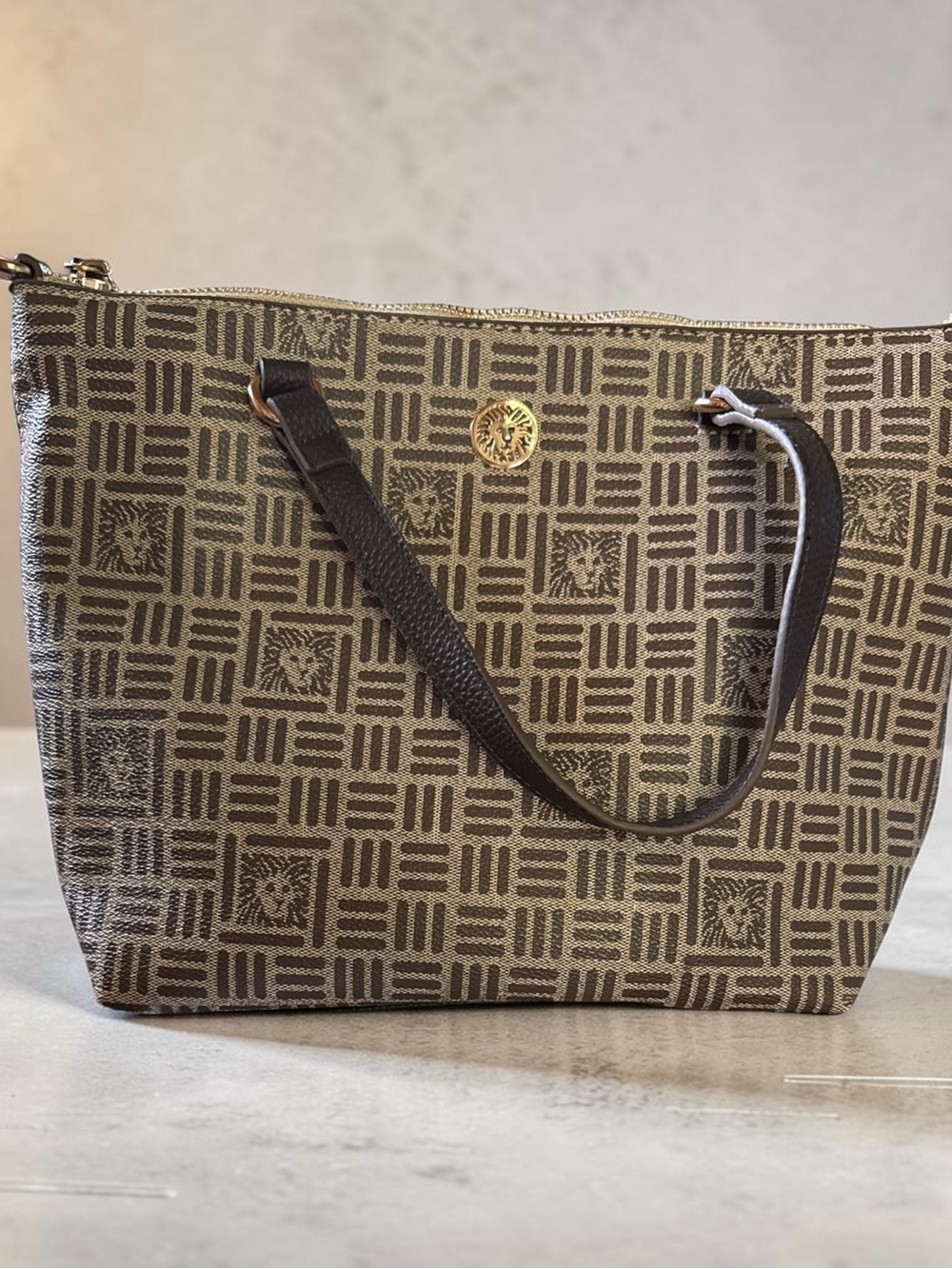 Anne Klein Brown and Tan Patterned Shoulder Tote with Gold Emblem